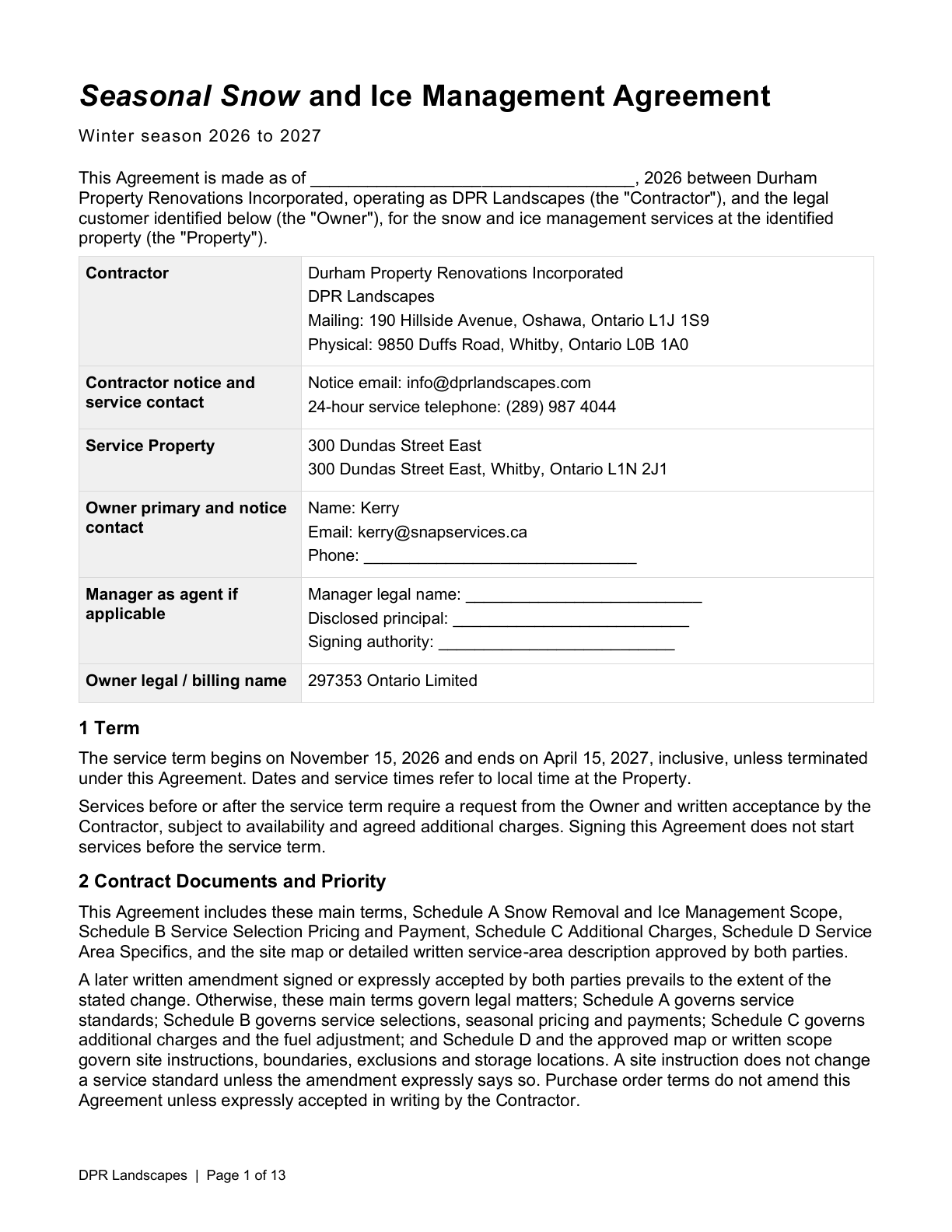 First page of the DPR-2627-006 winter service agreement for 300 Dundas Street East